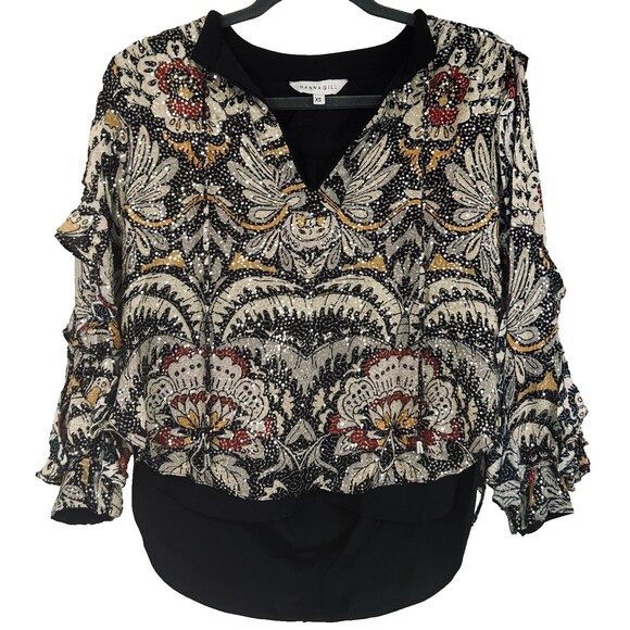Anthropologie Ranna Gill Womens XS Blouse Top Shirt Dressy Boho Tie Neck Sequin‎ - Picture 6 of 14